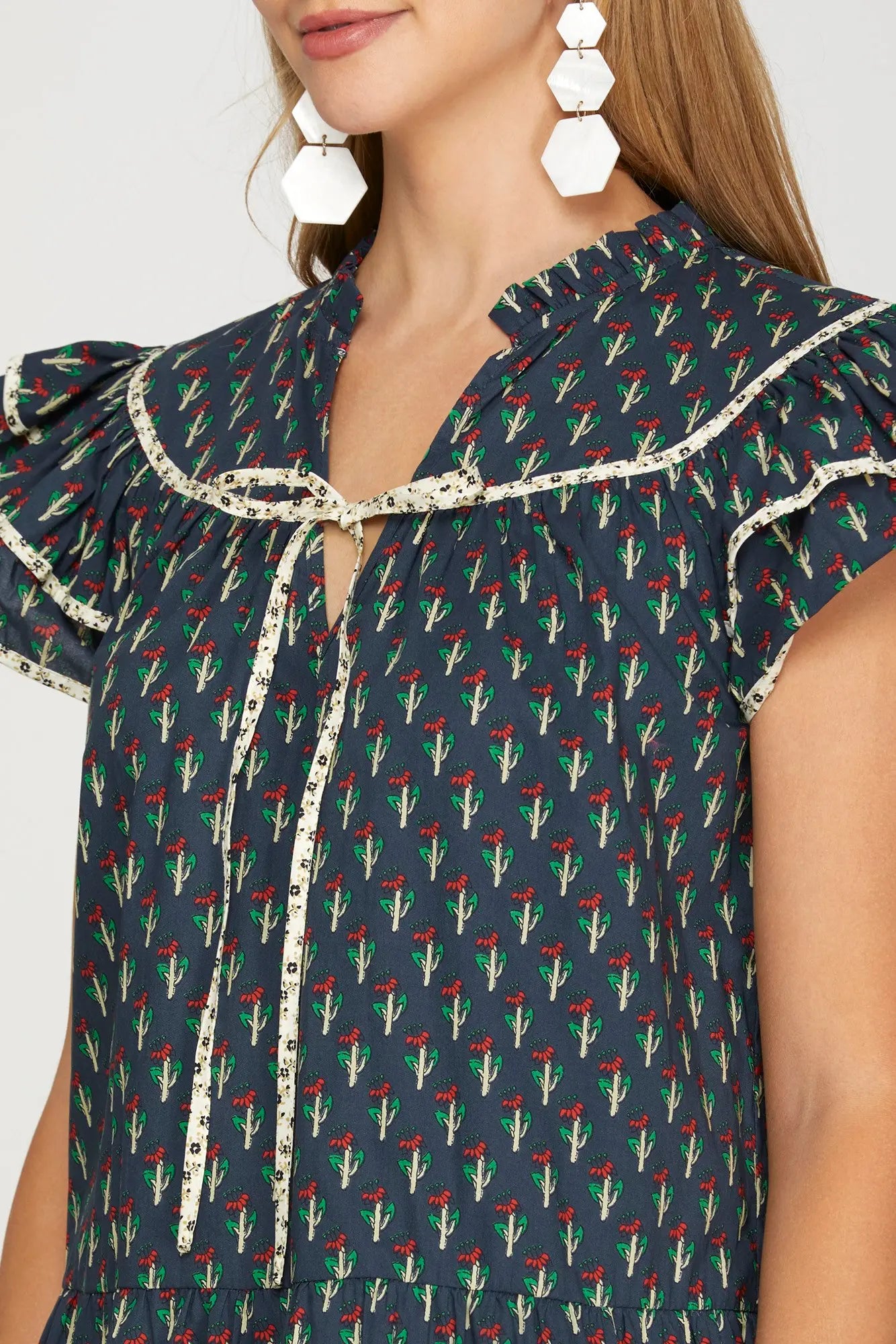 Linnet Printed Flutter Sleeve Navy Dress