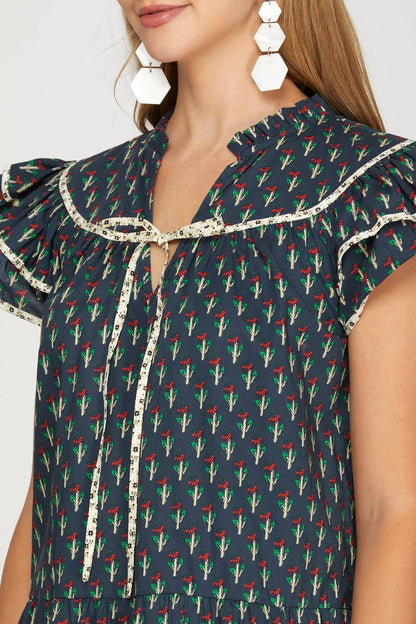 Linnet Printed Flutter Sleeve Navy Dress