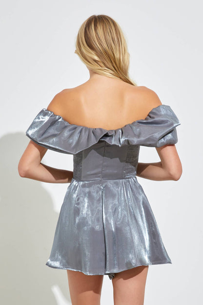 Priscilla Metallic Ruffle Off Shoulder Gunmetal Romper