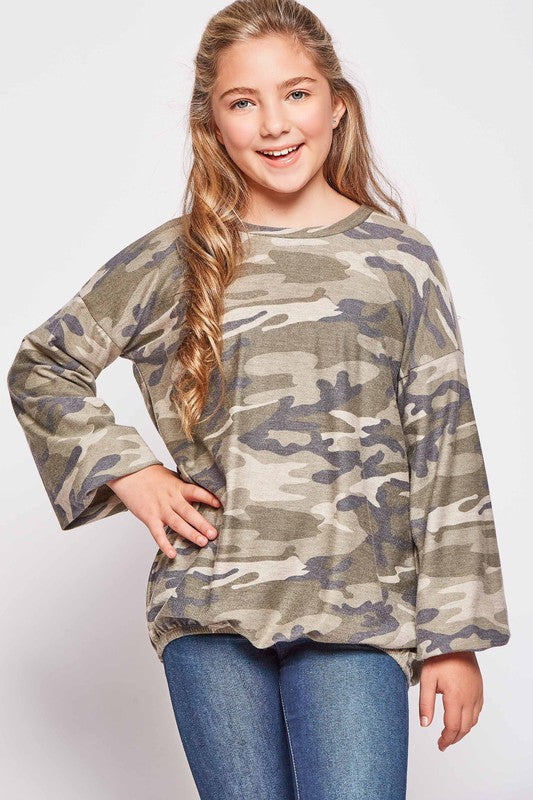 Girls Camo Bubble Sleeve Top