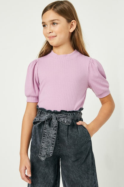 Girls Lavendar Ribbed Bubble Sleeve Top