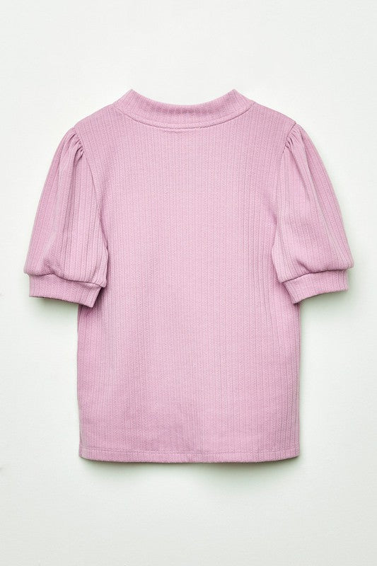 Girls Lavendar Ribbed Bubble Sleeve Top