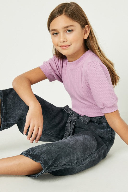 Girls Lavendar Ribbed Bubble Sleeve Top