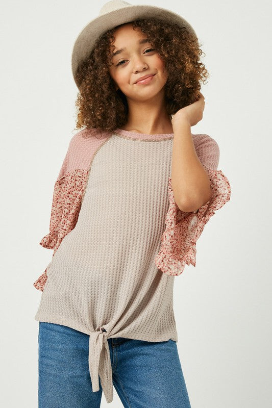 Girls Waffle Tie Floral Raglan