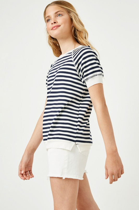 Girls Navy Striped Raglan Ringer Tee