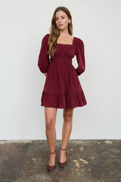 Theda Balloon 3/4 Sleeve Maroon Mini Dress