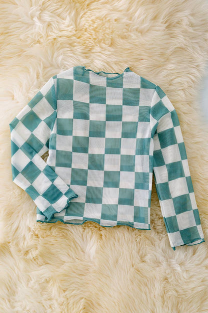 Girls Mesh Sage Checkered Top