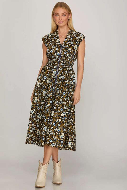 Perry Floral Zip Navy Dress