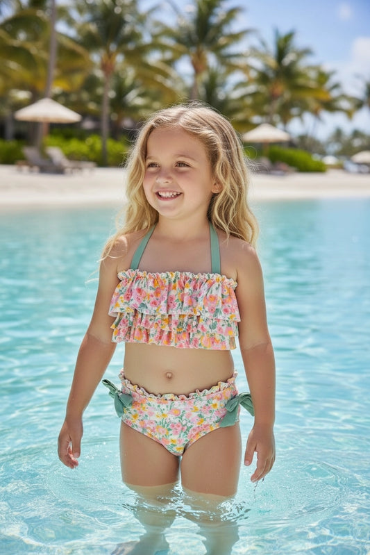 Girls Max Ruffle Floral Green Tie Bikini