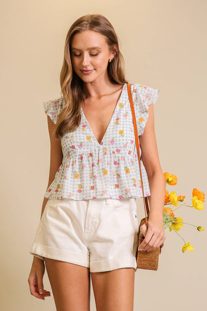Rosalie Flower Gingham Peplum Blouse