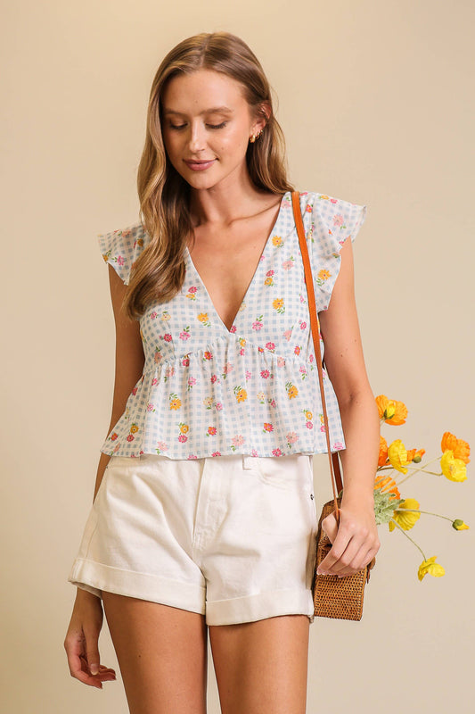 Rosalie Flower Gingham Peplum Blouse