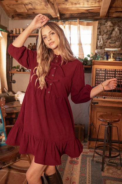 Vega Corduroy Bow Ruffle Wine Dress