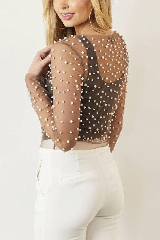 La Rue Rhinestone & Pearl Longsleeve Top