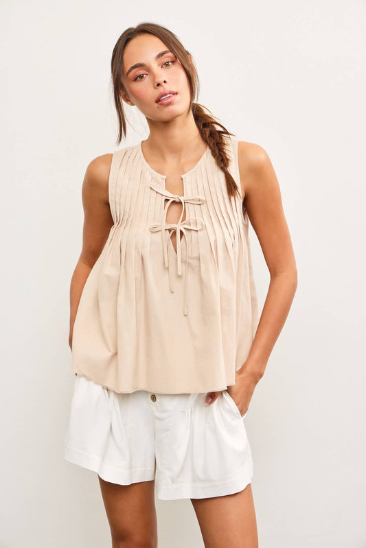 Izzy Pleated Sleeveless Khaki Blouse