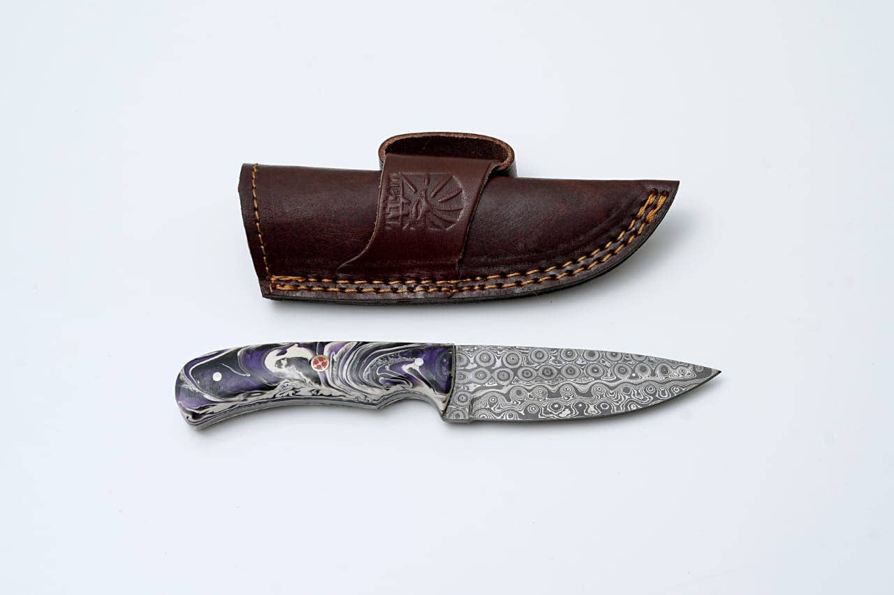 Titan Damascus Purple Handle with Leather Bolster