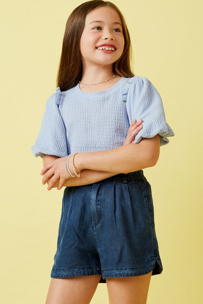 Girls Baby Blue Crinkle Bubble Sleeve Top