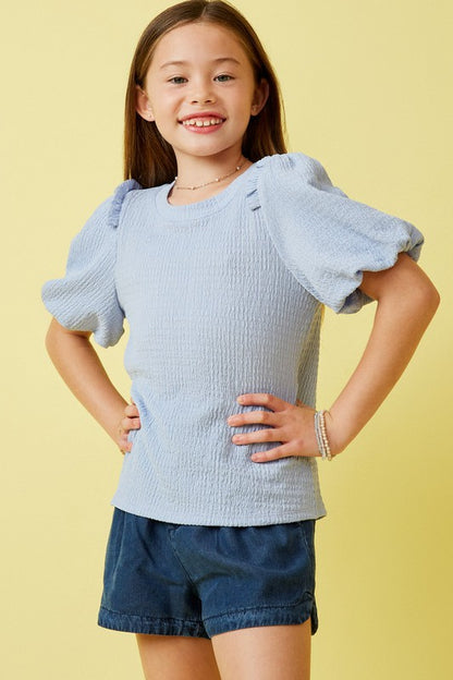 Girls Baby Blue Crinkle Bubble Sleeve Top