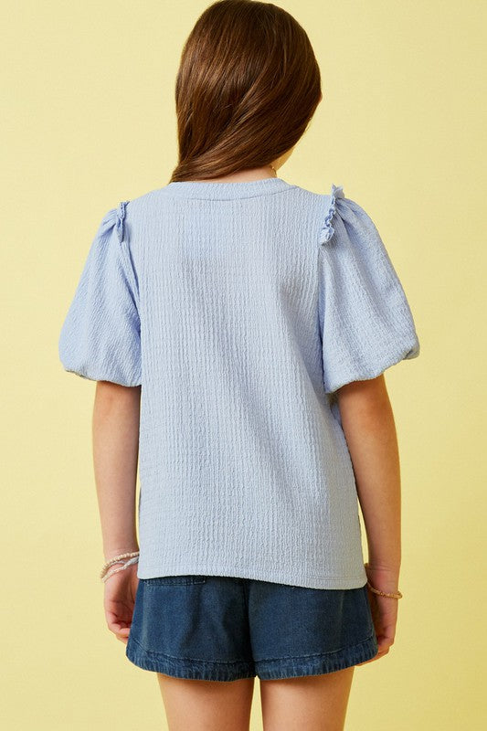 Girls Baby Blue Crinkle Bubble Sleeve Top