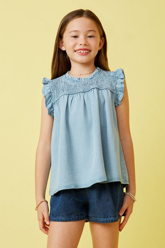 Girls Denim Tencel Smocked Top