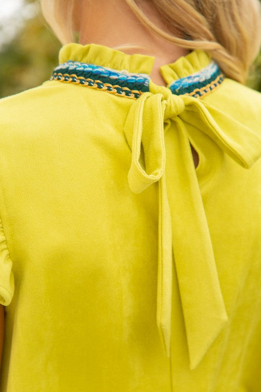 Trimmed Suede Ruffle Blouse