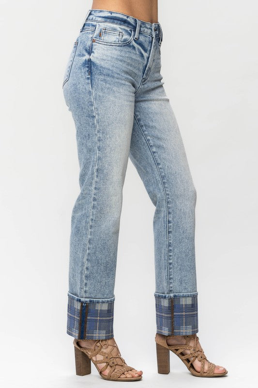 Oakpeak Judy Blue Blue Plaid Cuff Straight Jeans