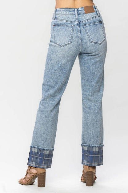 Oakpeak Judy Blue Blue Plaid Cuff Straight Jeans