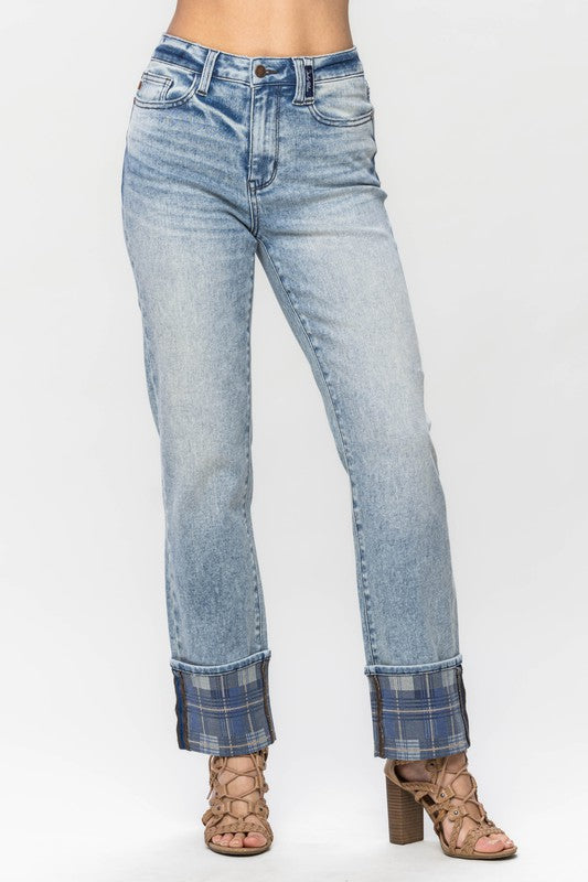 Oakpeak Judy Blue Blue Plaid Cuff Straight Jeans