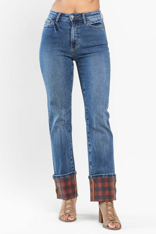 Oakpeak Judy Blue Red Plaid Cuff Straight Jeans