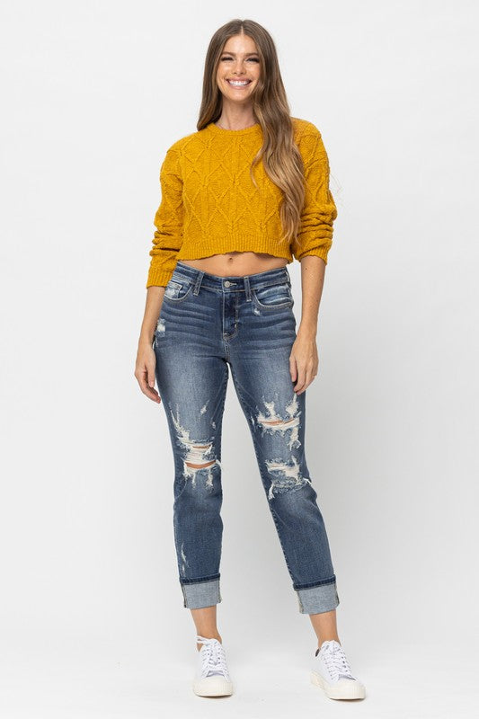 Judy Blue DW Boyfriend Distressed Cuffed Jeans