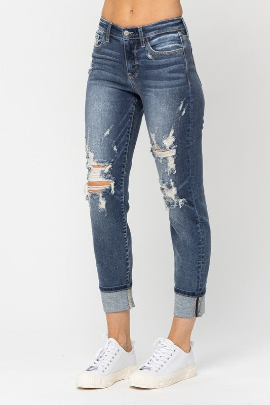 Judy Blue DW Boyfriend Distressed Cuffed Jeans