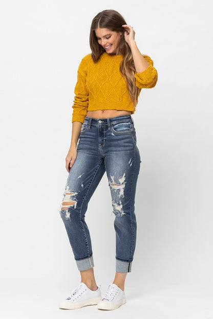 Judy Blue DW Boyfriend Distressed Cuffed Jeans