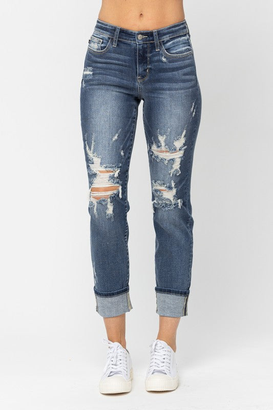 Judy Blue DW Boyfriend Distressed Cuffed Jeans