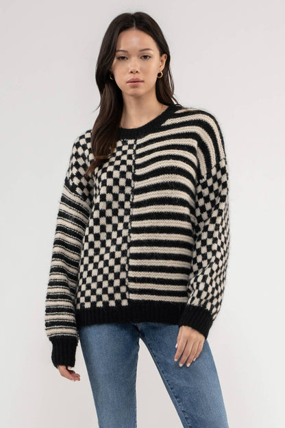 Versailles Checkered & Striped Knit Sweater