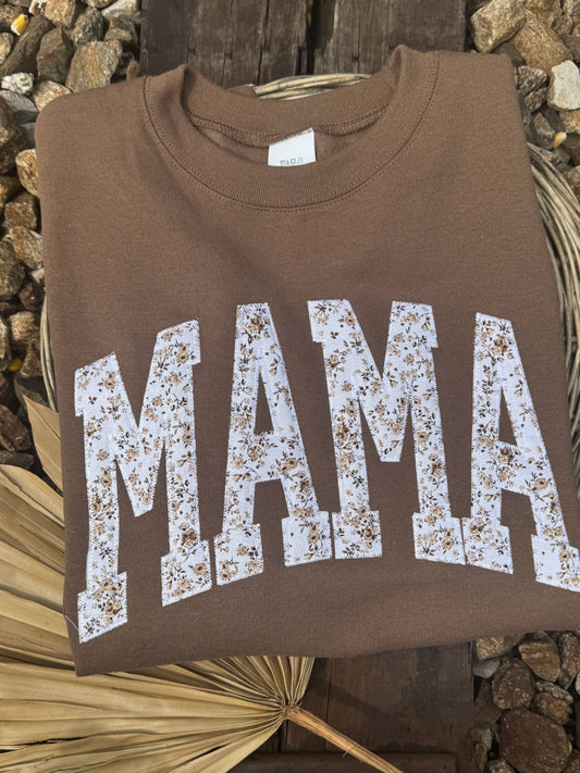Mama Embroidered Patchwork Light Brown Tee