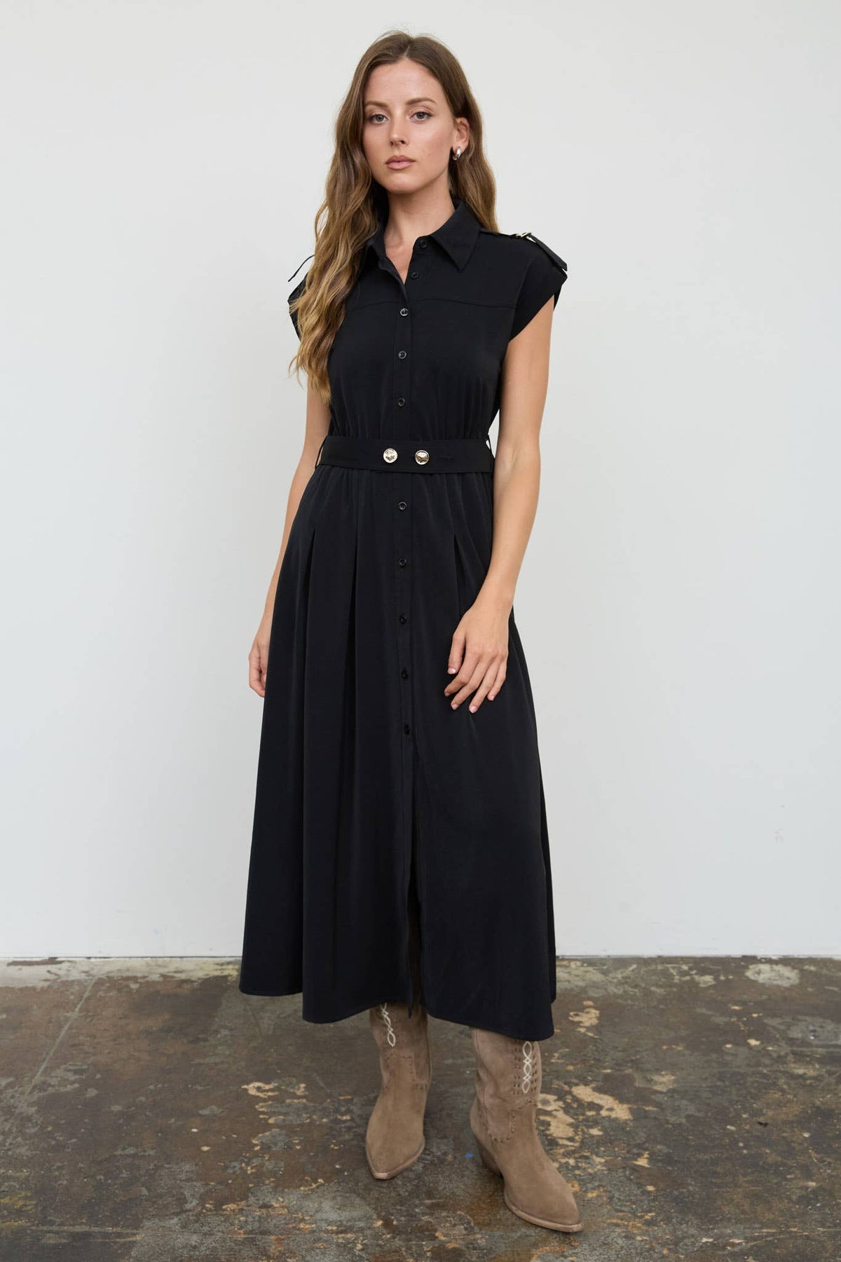 Nelle Belted Buttondown Black Midi Dress