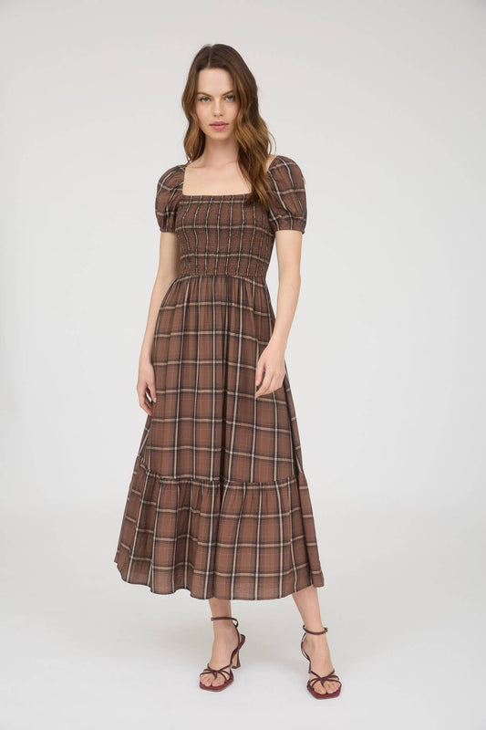 Amaya Plaid Smocked Brown Dress