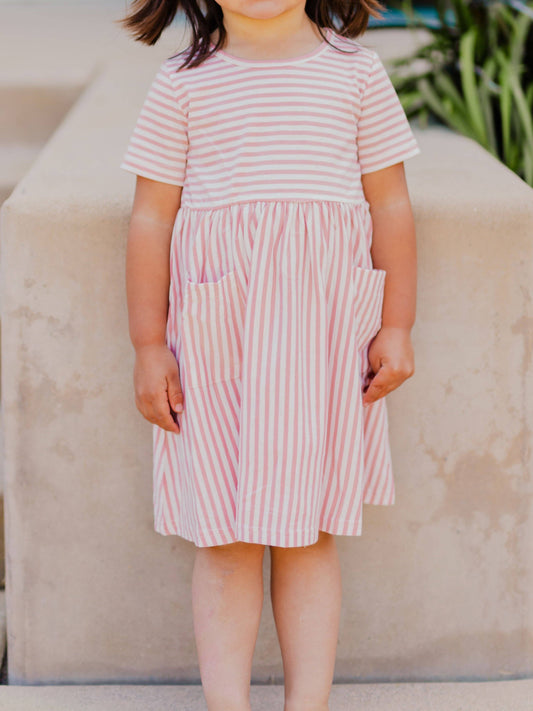 Girls Striped Pocket Mauve Dress
