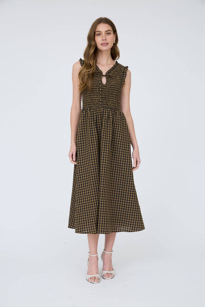 Ruthie Plaid V-neck Mustard Midi Dress