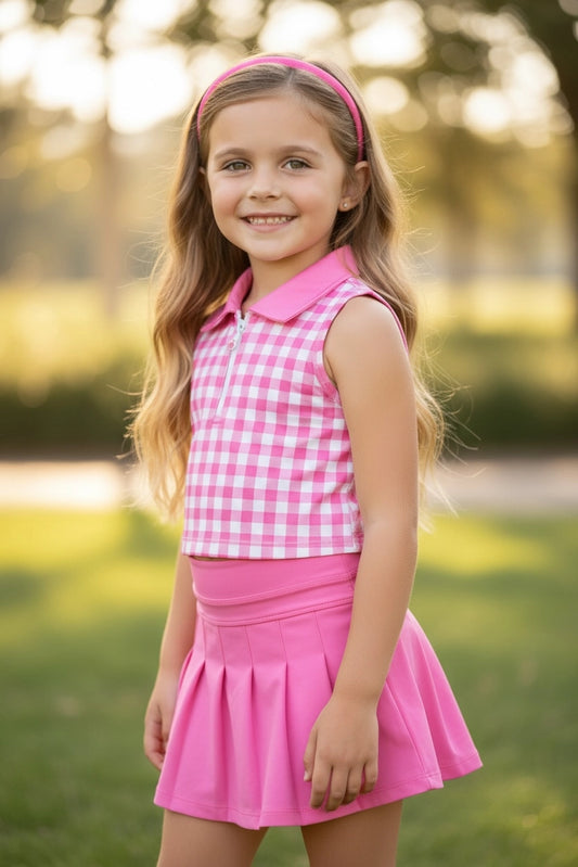 Girls Gingham Pink Tennis Skirt Set
