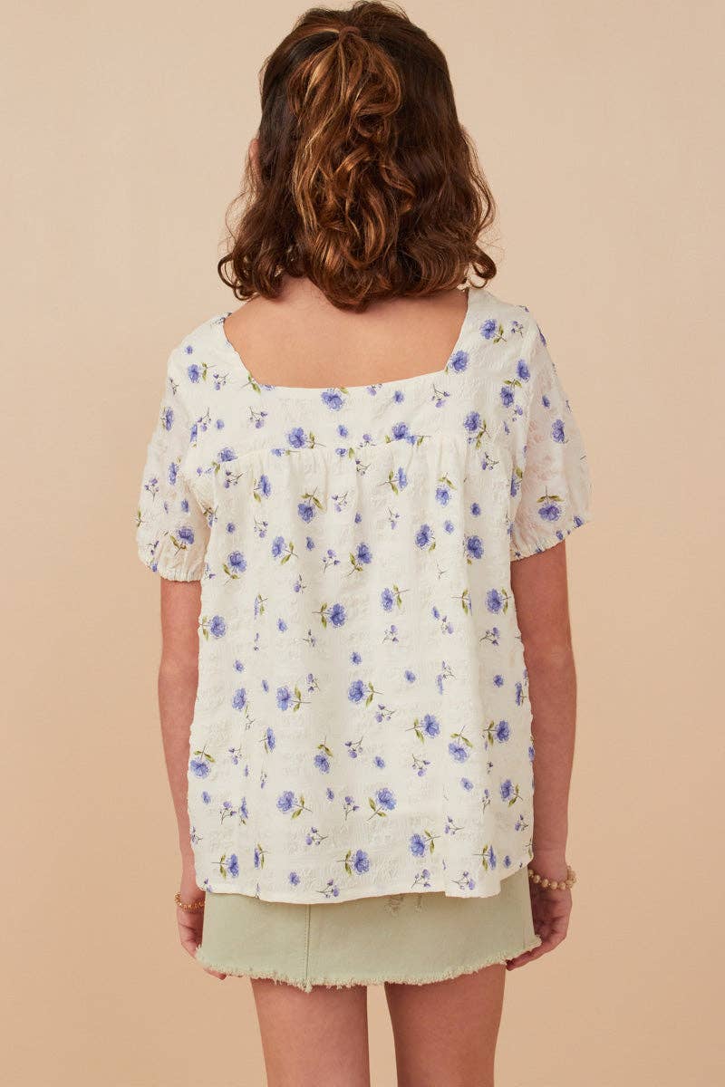 Girls Square Neck Periwinkle Floral Blouse