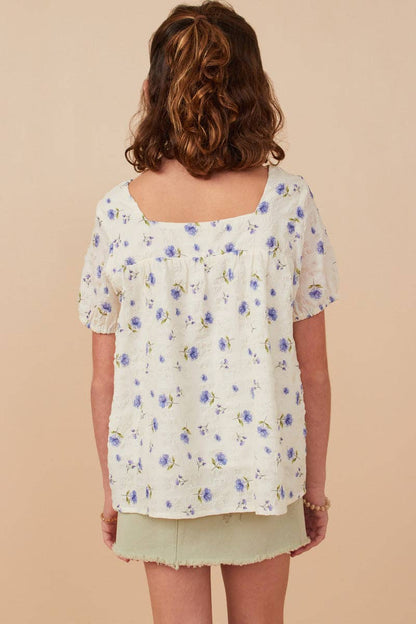 Girls Square Neck Periwinkle Floral Blouse