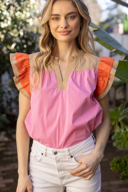 Imperia Pink Color Block Ruffle Blouse