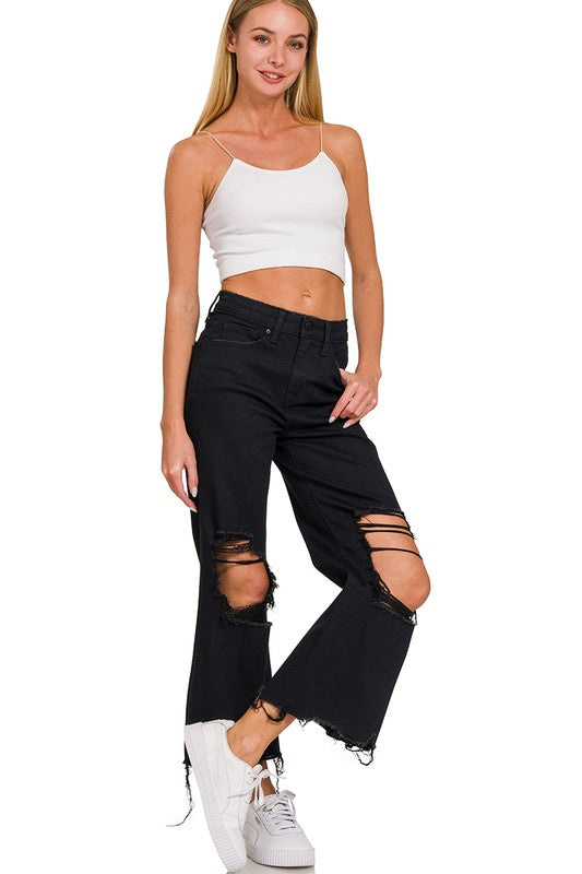 Zenana Distressed Black Crop Flare