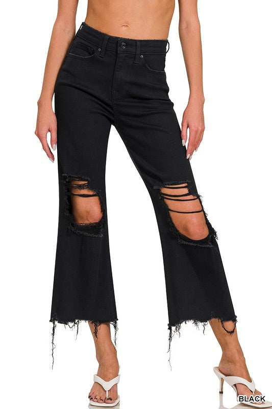 Zenana Distressed Black Crop Flare