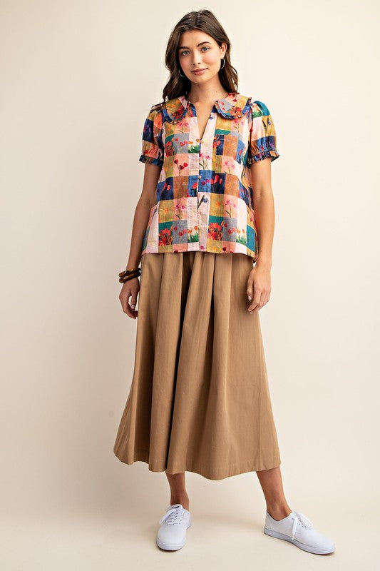 Swan Tulip Gingham Buttondown Blue Blouse