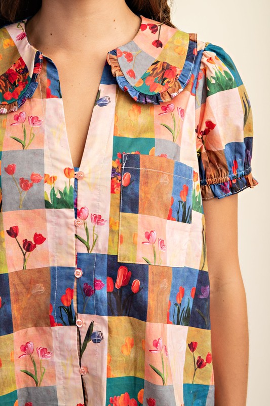 Swan Tulip Gingham Buttondown Blue Blouse