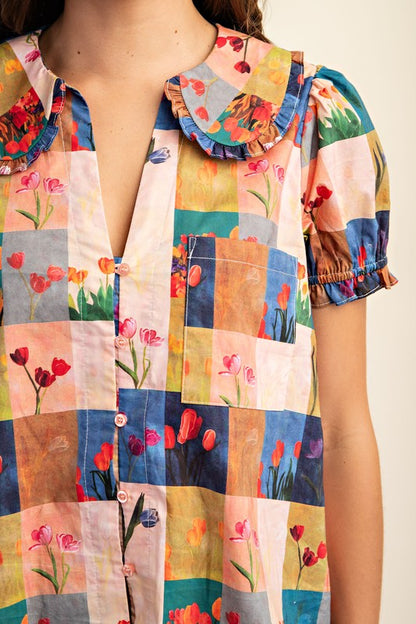 Swan Tulip Gingham Buttondown Blue Blouse