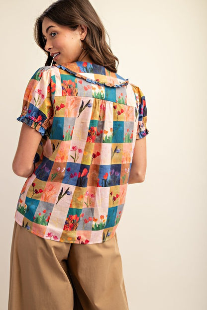 Swan Tulip Gingham Buttondown Blue Blouse