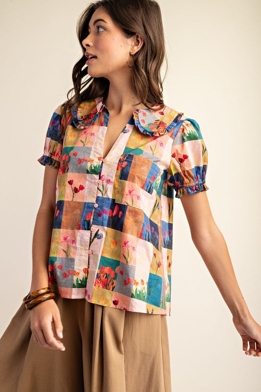 Swan Tulip Gingham Buttondown Blue Blouse