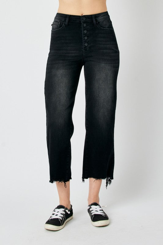 Judy Black Button-fly Cropped Wide Leg Jeans